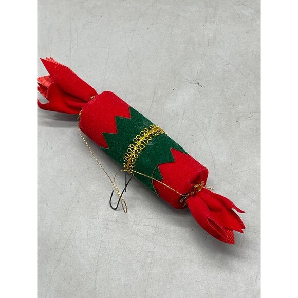 Christmas tree ornament present velvet red green gold trim cylinder 6" READ - Picture 5 of 5